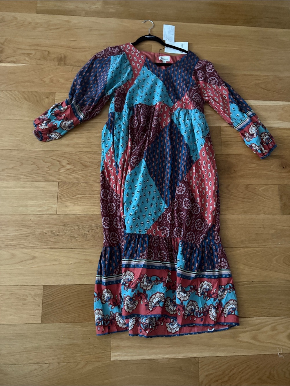 Boho Patchwork Maxi Dress in Coral & Teal - Picture 2 of 4